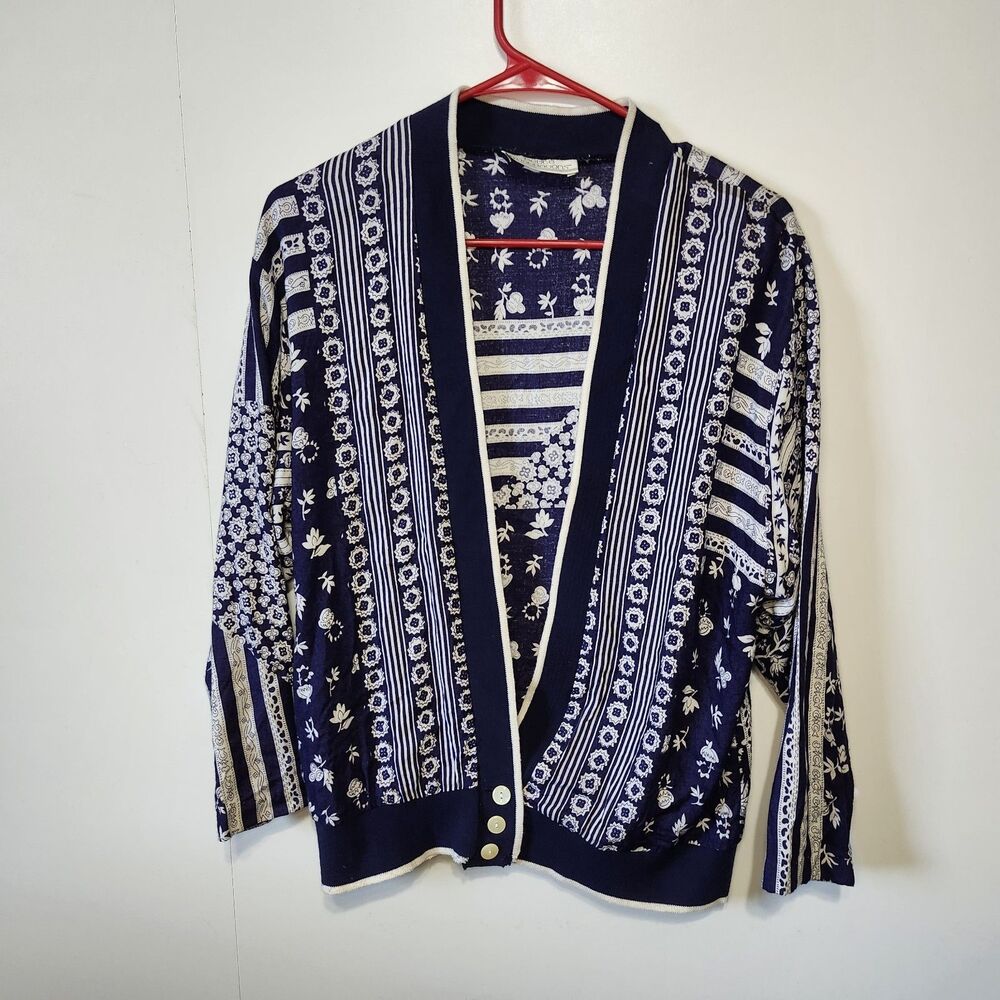 Vintage 90s Petite Illustrations Patchwork Cardigan Jacket Boho Artsy M